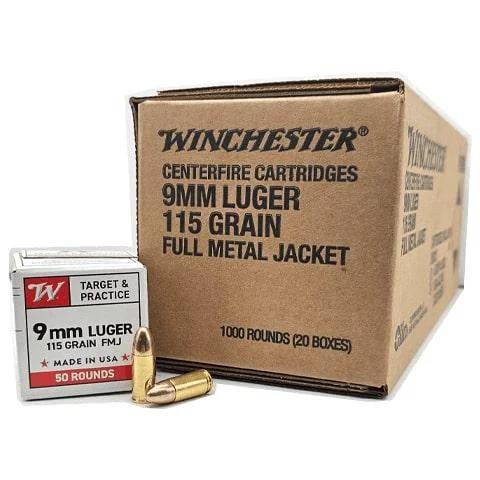 Winchester USA Target &; Practice Handgun Ammunition 9mm Luger 115gr FMJ 1190 fps 1000/ct Case (20-50/ct Boxes)