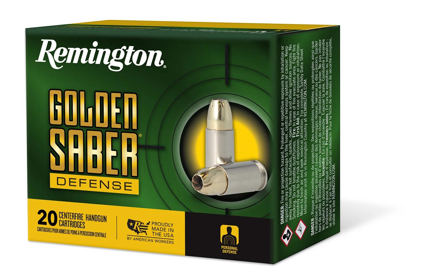 Remington Ammunition 27603 Golden Saber Defense 9mmLuger+P 124gr Brass Jacketed Hollow Point 20 Per Box/25 Case