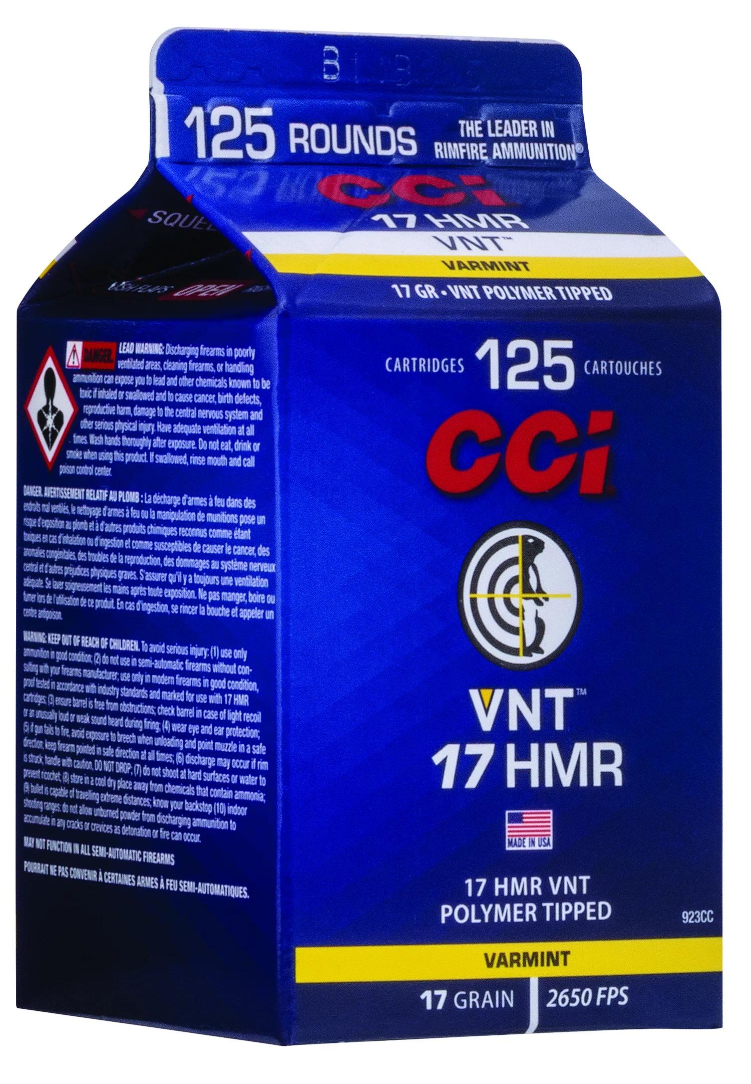 CCI 923CC VNT Rimfire 17HMR 17gr Varmint Tipped 125 Per Box/10 Case