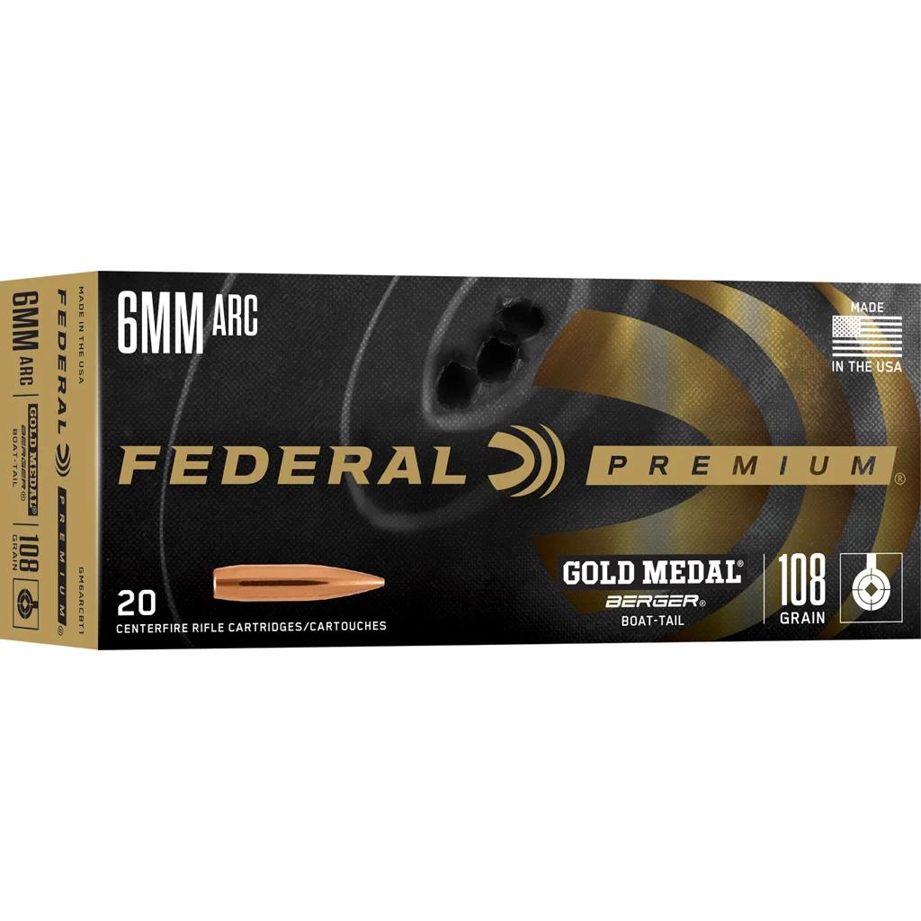 Federal Premium Gold Medal Rifle Ammo 6mm ARC 108 gr. Berger Boat-Tail 20 rd.