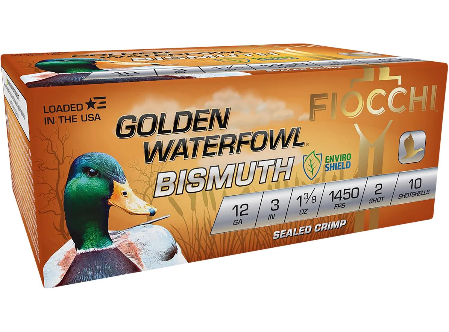 Fiocchi 123GB2 Golden Waterfowl Bismuth 12Gauge 3" 1 3/8oz 2Shot 10 Per Box/10 Case