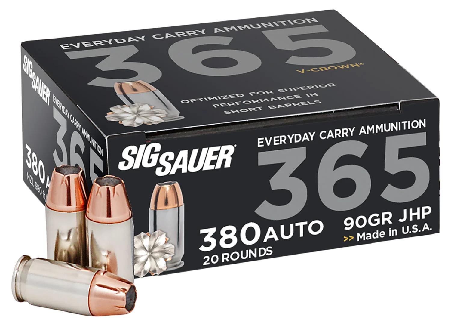Sig Sauer E380A136520 Elite Performance 365 380ACP 90gr V-Crown Jacketed Hollow Point 20 Per Box/10 Case