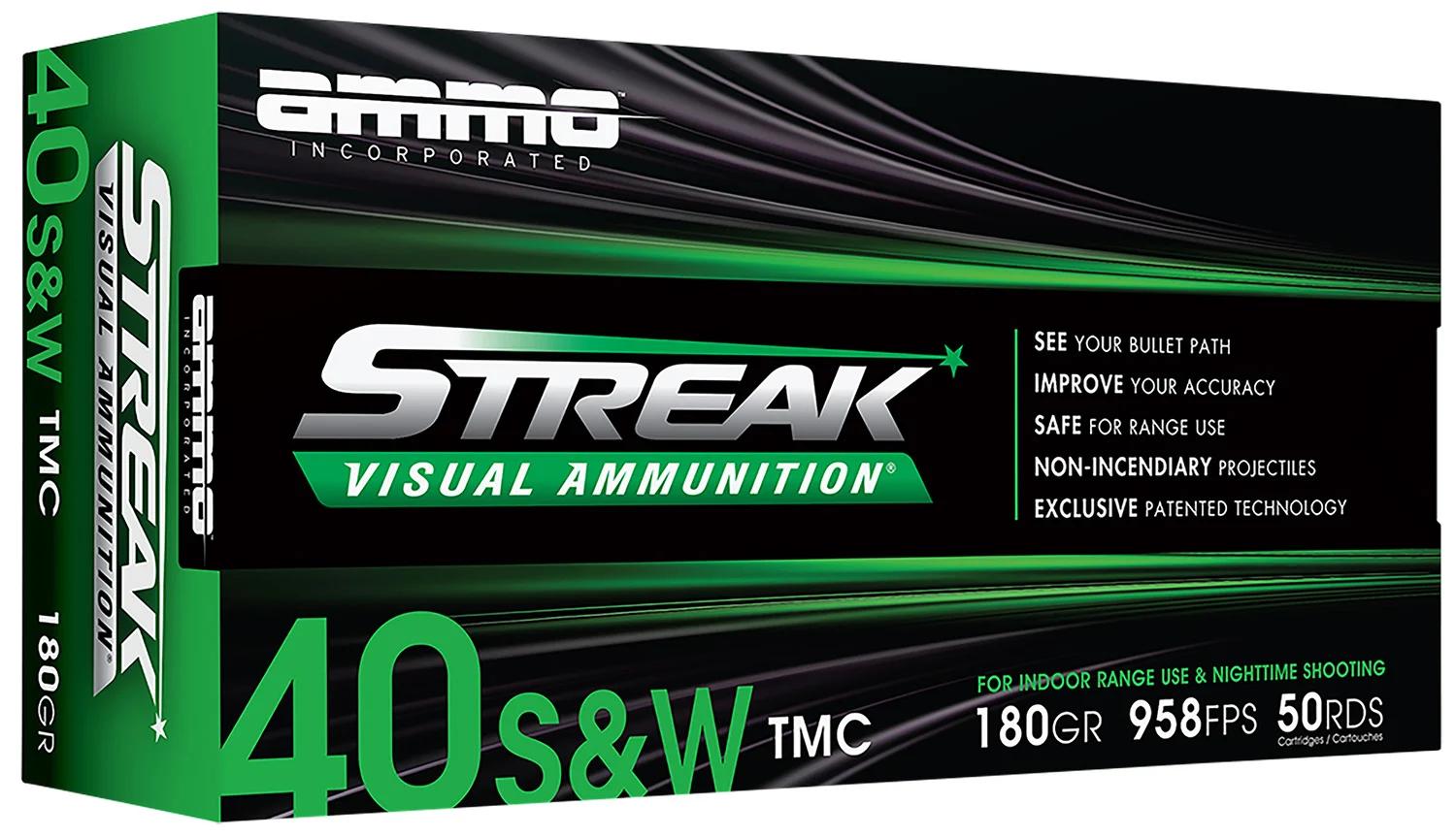 Ammo Inc 40180TMCSTRKGRN50 Streak Visual (GREEN)  40S&W 180gr Total Metal Case 50 Per Box/20 Case