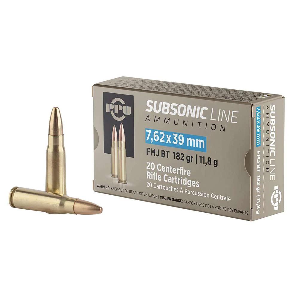 PPU Subsonic Rifle Ammunition 7.62x39mm 182gr FMJ 1033 fps 20/ct